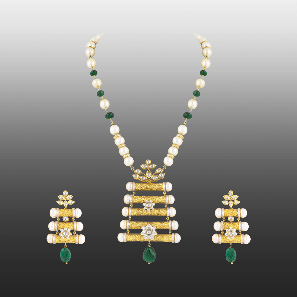 Floral Enamel Pendant Set with Pearls & Emerald Drops